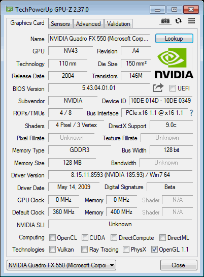 QUADRO FX550 NVIDIA GPUZ